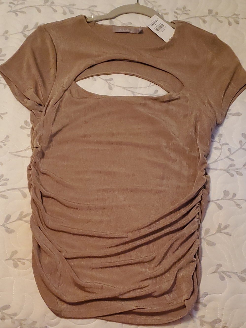 Short Sleeve Cutout Ruched Blouse - Taupe